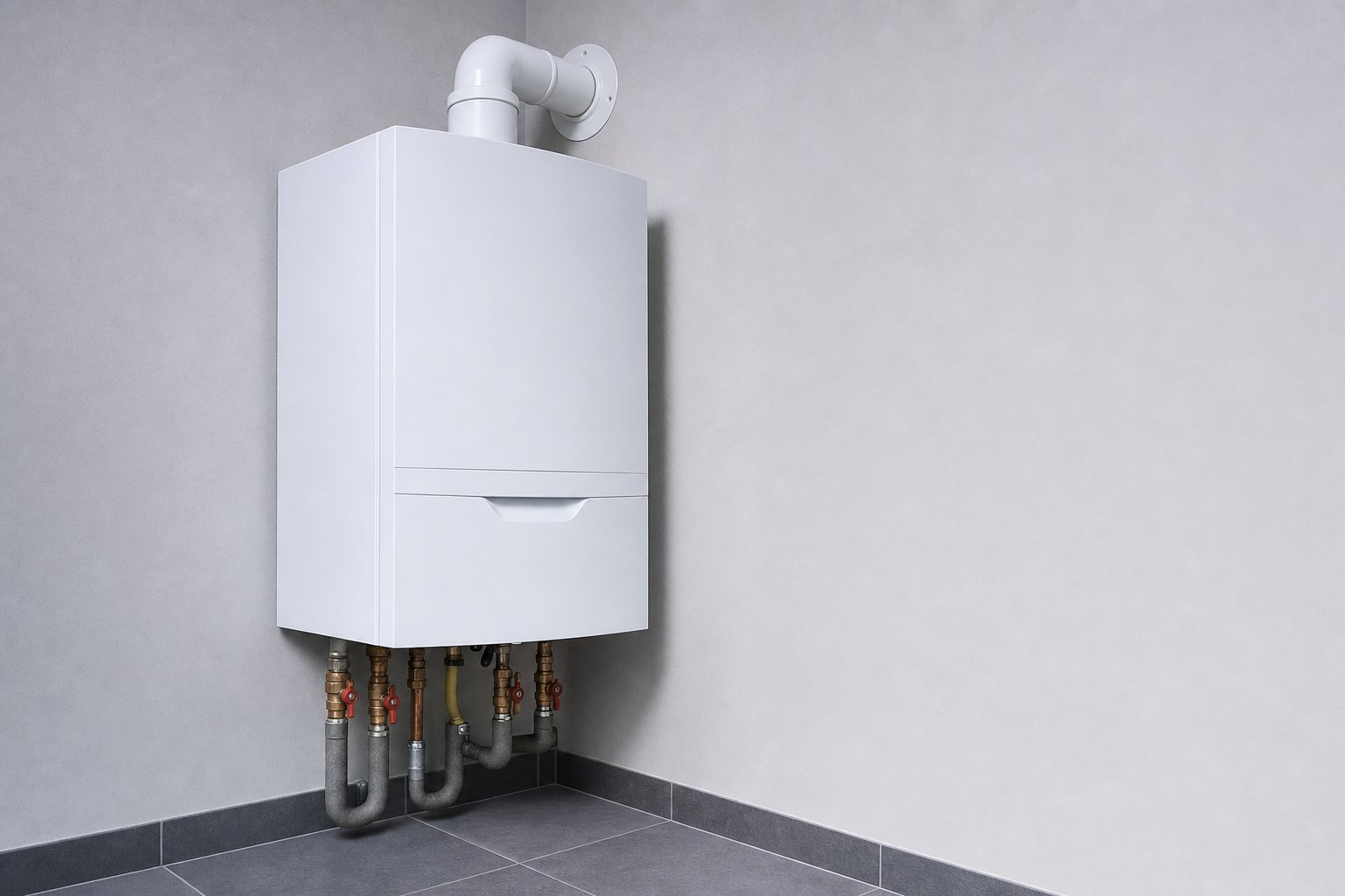 Wandhängendes Gas-Brennwertgerät in einem Hauswirtschaftsraum, mit sichtbaren Anschlüssen und Absperrventilen unter dem Gehäuse