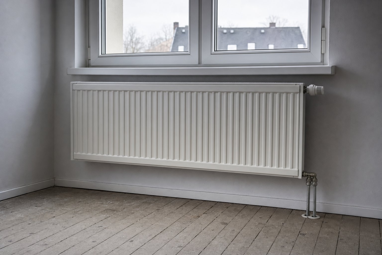 Flachheizkörper unter einem Fenster in einem leeren Raum, mit Thermostatventil und Rohranschlüssen an der unteren rechten Seite