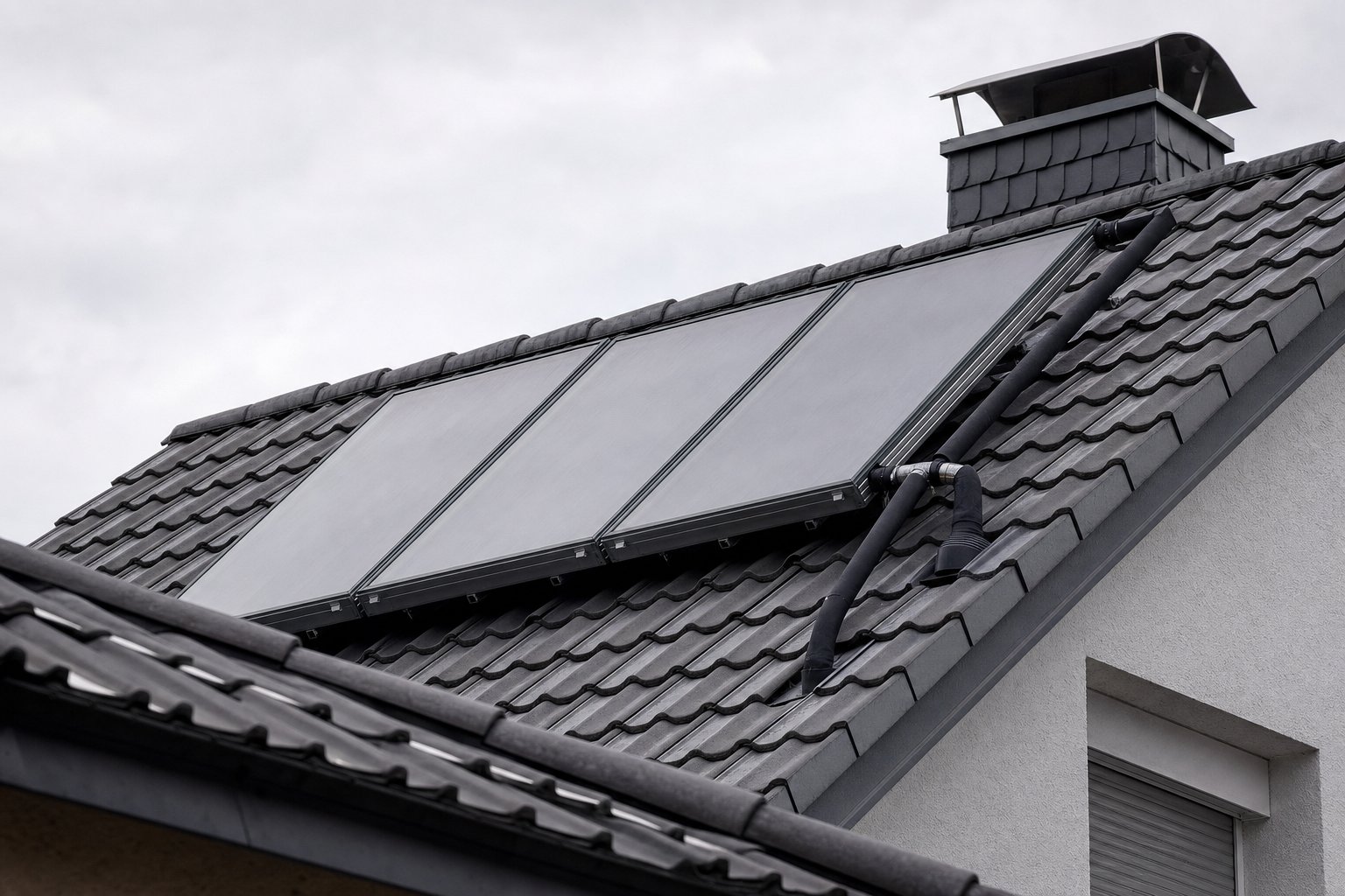 Flachkollektoren einer Solarthermieanlage auf einem Ziegeldach, mit gedämmter Kollektorverrohrung und Dachdurchführung
