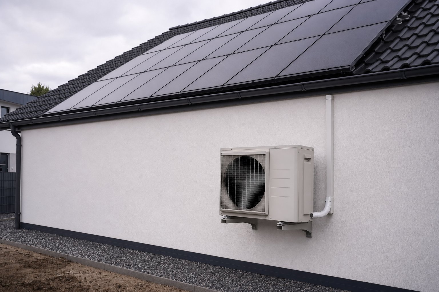 Hauswand mit Photovoltaikmodulen auf dem Satteldach darüber und der Außeneinheit einer Split-Klimaanlage auf einer Wandkonsole darunter