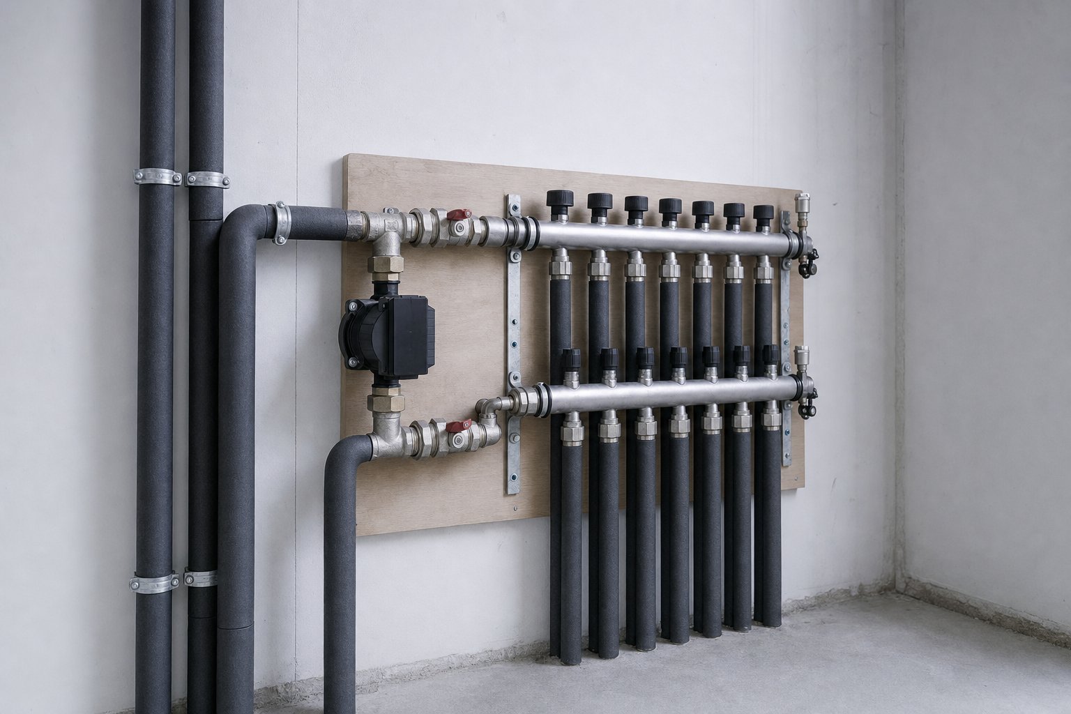 Heizungsverteiler an einer Wand mit parallel geführten gedämmten Vor- und Rücklaufleitungen, Absperrventilen und Umwälzpumpe