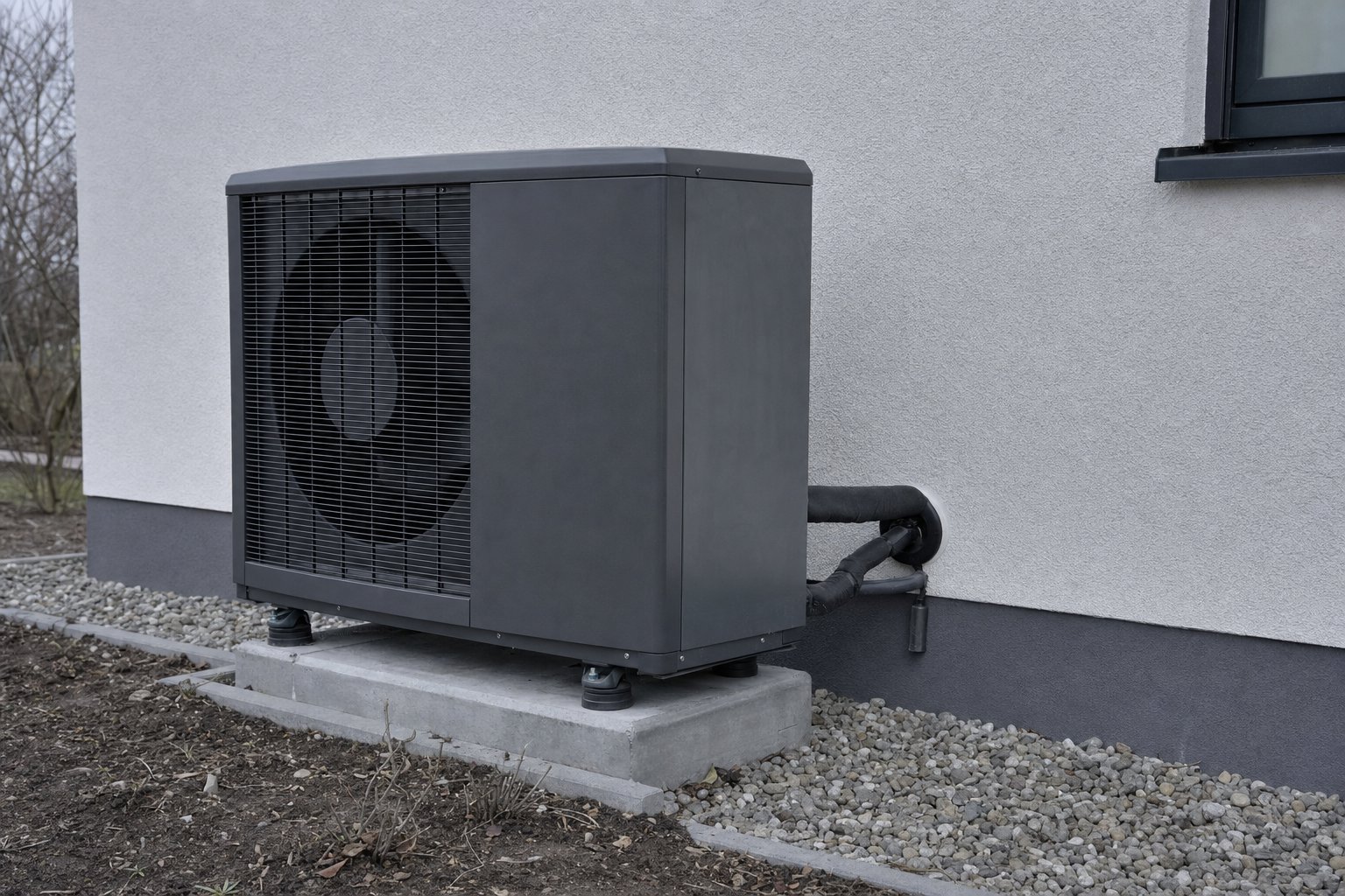 Außeneinheit einer Luft-Wasser-Wärmepumpe auf einem Betonfundament neben einer verputzten Hauswand, mit Ventilatorgitter und gedämmter Leitungsdurchführung